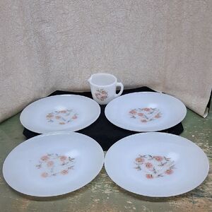5 Pc Fire King Fleurette Milk 4 Glass Dinner Plates & Pitcher.